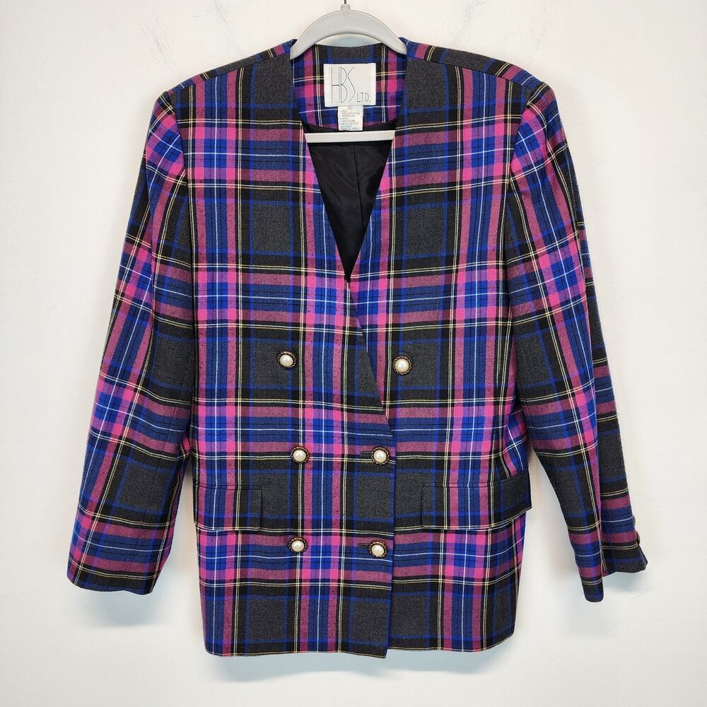 Womens Vintage Plaid Blazer Jacket Size 8 Royal Purple Gray Pearl Academia 90s